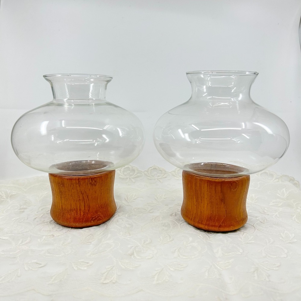 Vintage Hurricane Candle Holders Dolphin Teakwood Mid Century Modern Pair Glass